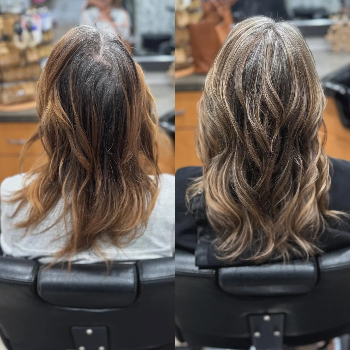 Before and after images of a woman's hair transformation at a salon. The left shows her hair with darker roots and lighter ends, slightly wavy. The right shows her hair with a more blended, highlighted color and styled into soft waves.