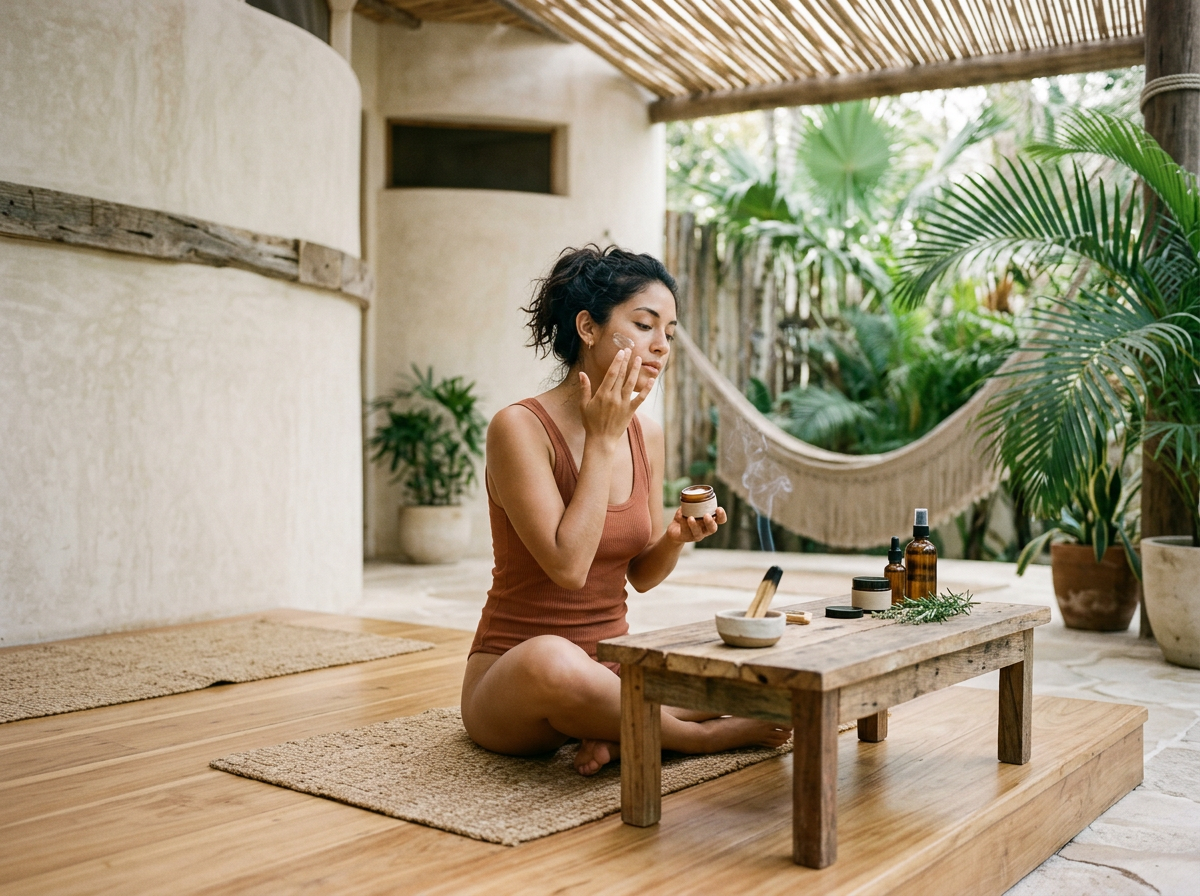 Woman sitting cross-legged on a rug, applying skincare cream from a small jar in an outdoor, tropical-inspired setting with plants, hammocks, and wooden furniture.