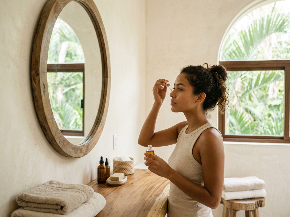 A woman standing at a wooden bathroom counter, applying essential oil from a small amber glass bottle using a dropper. The bathroom has a round mirror, a window with greenery outside, and towels on the counter and a wooden stool.
