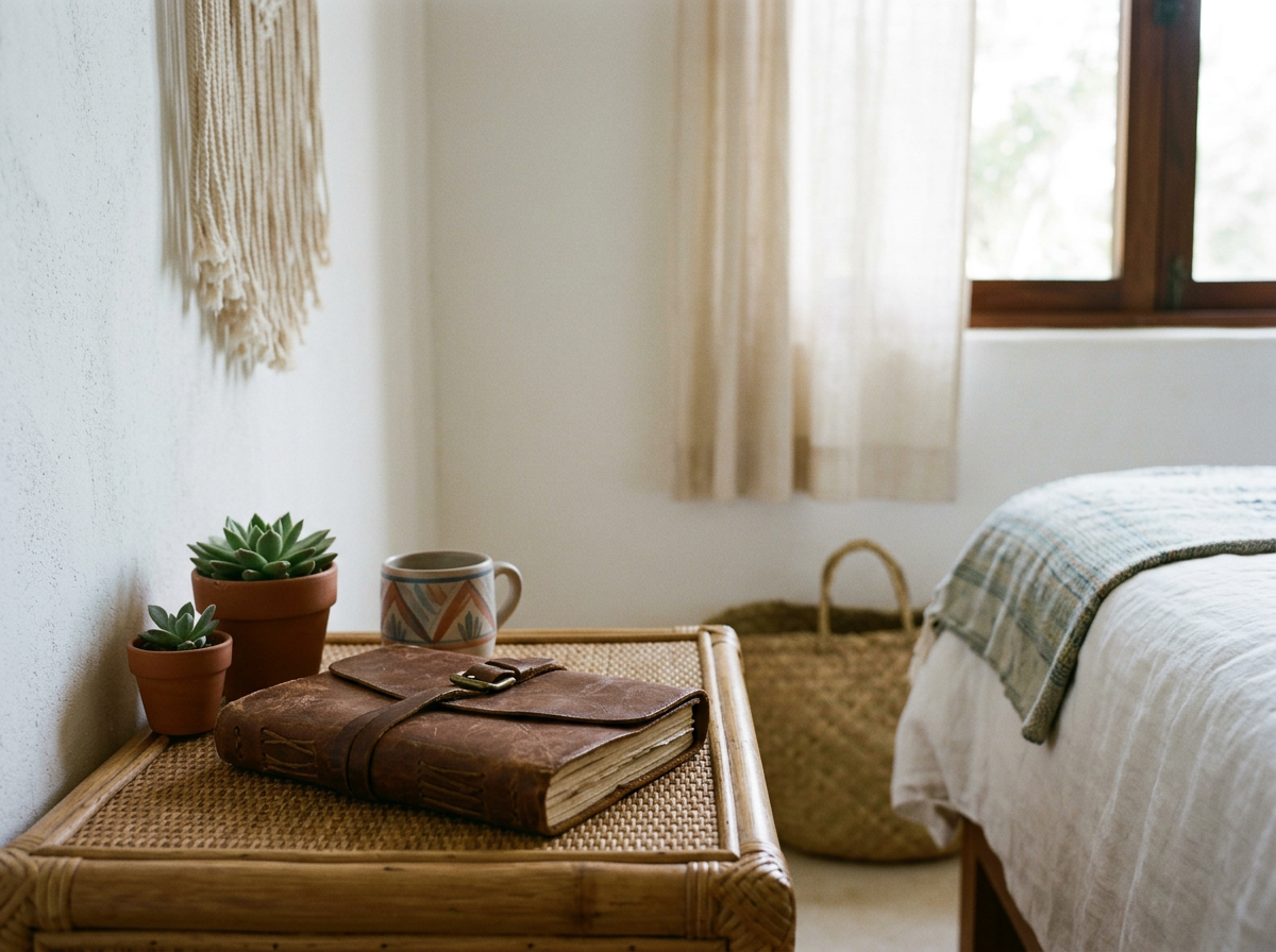 A bedroom corner with a wicker nightstand holding a leather journal, a patterned mug, and two potted succulents. In the background, a window with beige curtains, a woven basket on the floor, and a bed with a white and plaid blanket.
