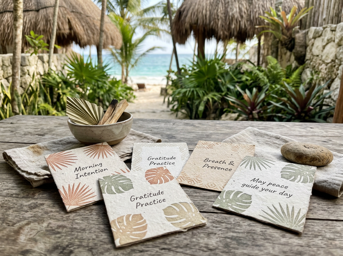 Set of five inspirational cards with tropical leaf designs on a rustic wooden table, alongside a small bowl containing dried leaves and wood, with a beach and palm trees in the background.