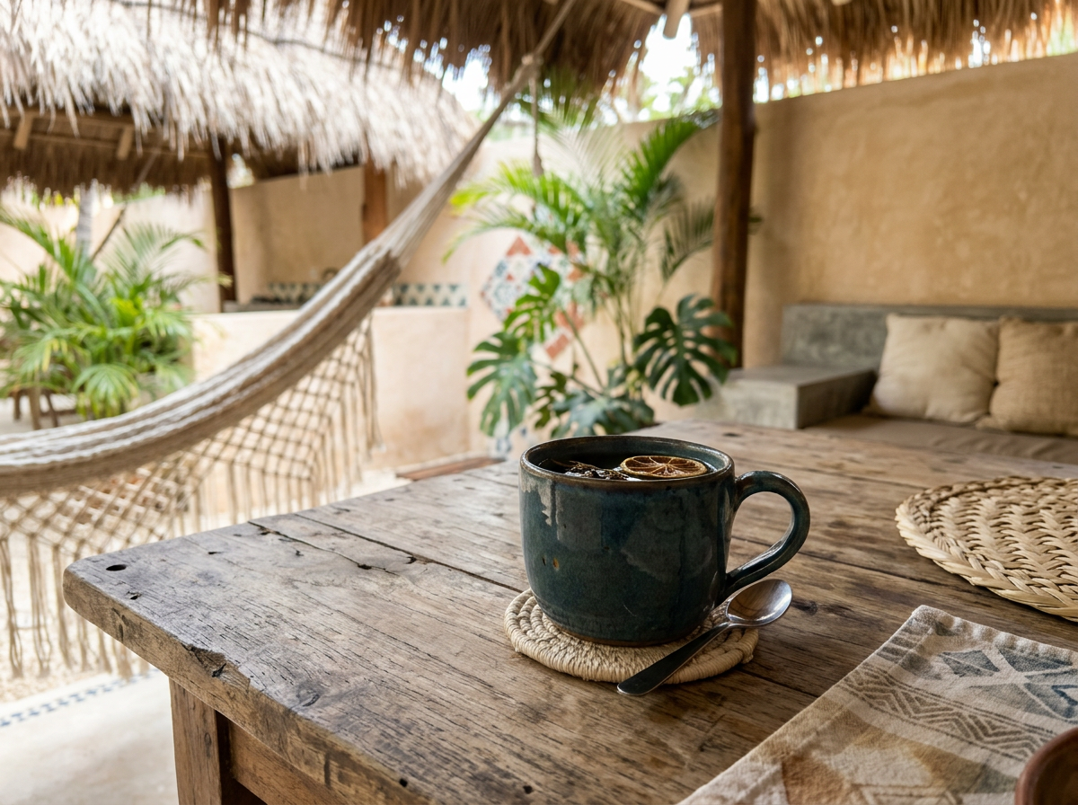 A rustic wooden table with a cup of tea or coffee garnished with lemon, a spoon on a cloth coaster, a woven placemat, and tropical plants, hammock, and thatched roof in the background in an outdoor setting.