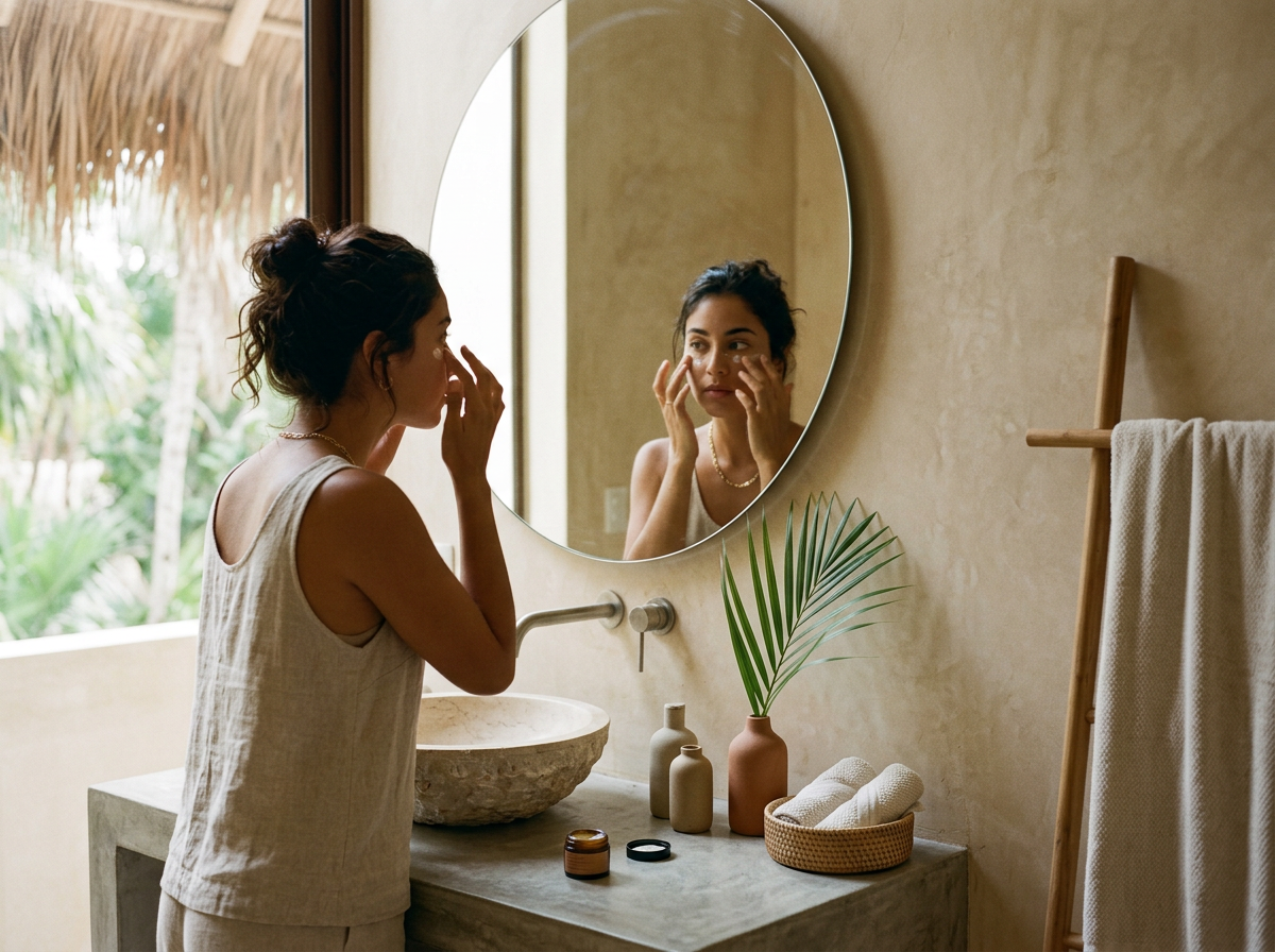 Woman touching her face while looking at herself in a circular mirror in a bathroom with a stone sink, decorative vases, a potted plant, and towels on a ladder-style rack.