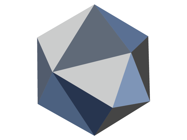 A 3D geometric shape resembling a polyhedron with multiple triangular faces in shades of blue, gray, and white.