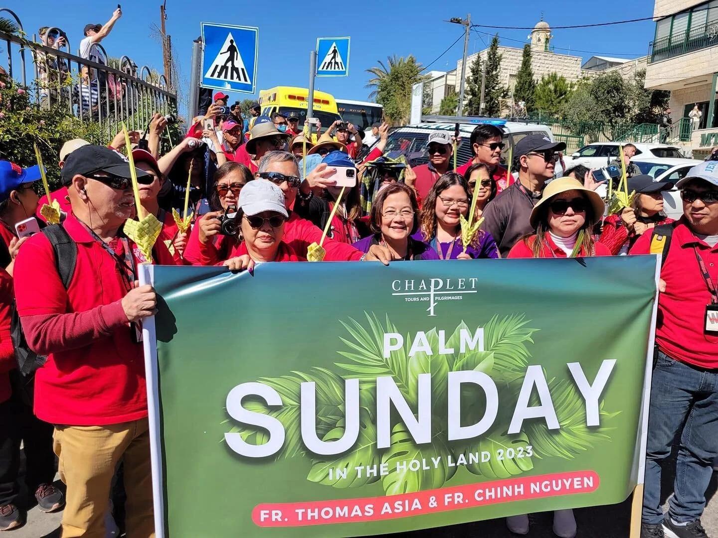 Every year we join the thousands of pilgrims from around the world and descend from the Mount of Olives and follow the &lsquo;Palm Sunday Road&rsquo; reenacting Jesus&rsquo; triumphal entrance into Jerusalem. 

&quot;Hosanna! Blessed is he who comes 
