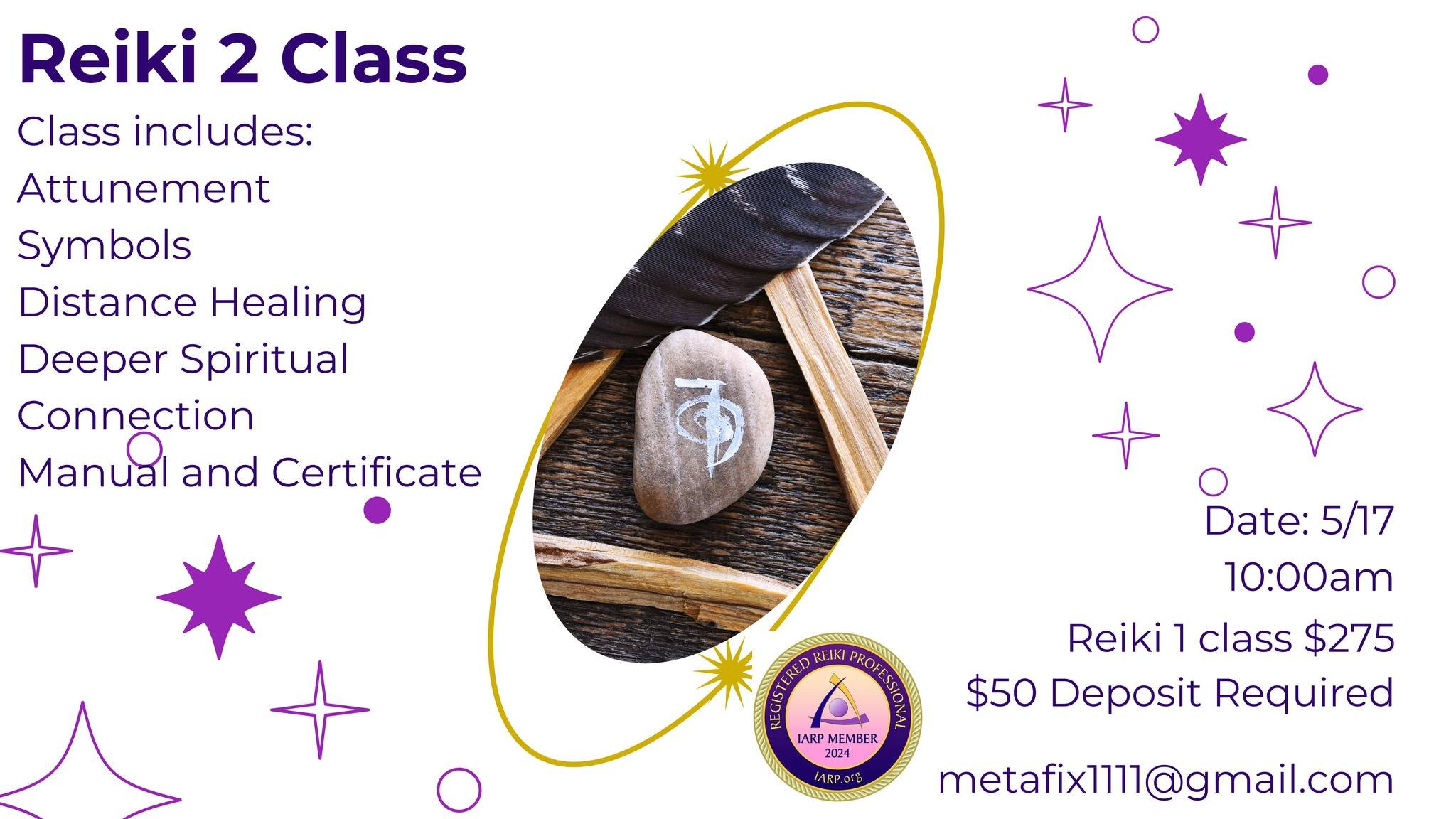Deepen your Reiki practice with Level 2 training, expanding your ability to channel energy, work with symbols, and offer distance healing. This class will enhance your intuitive connection, strengthen your healing abilities, and empower you to share