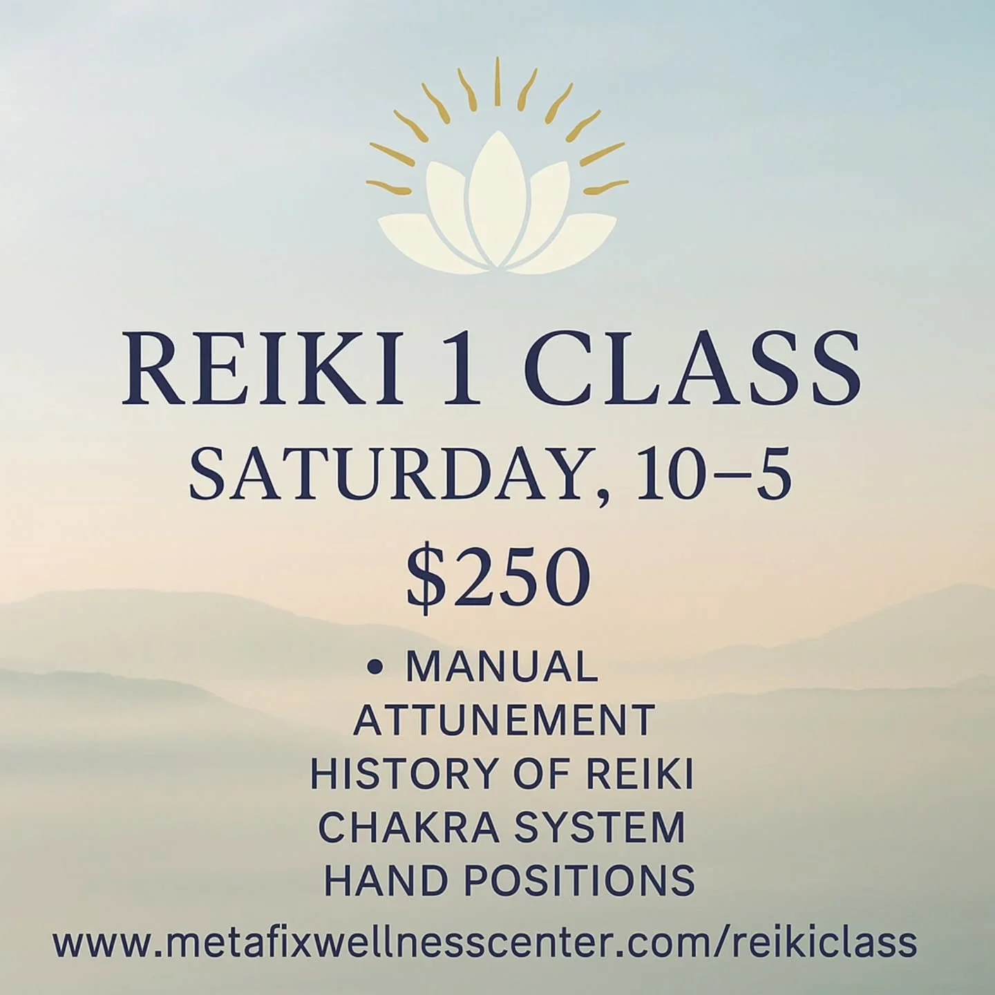 ✨ Reiki 1 Class ✨
This Saturday, Sept 6 • 10AM–5PM • $250
Step into your Reiki journey with a full-day immersive training. You’ll receive your manual, attunement, and a deep introduction to the history of Reiki, the chakra syst