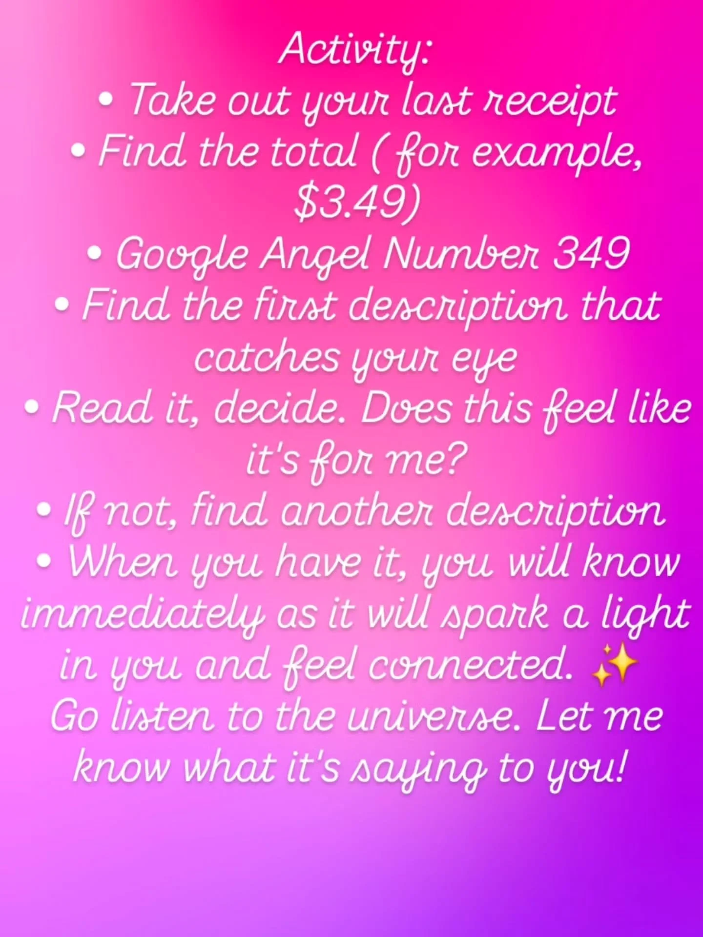 Quiet
Be mindful of when things seem too quiet. Spirit is always speaking to us in the whispers of the universe. Through the breeze blowing through the trees connecting us to pachamama , mother earth. To the number on your receipt total at the store 