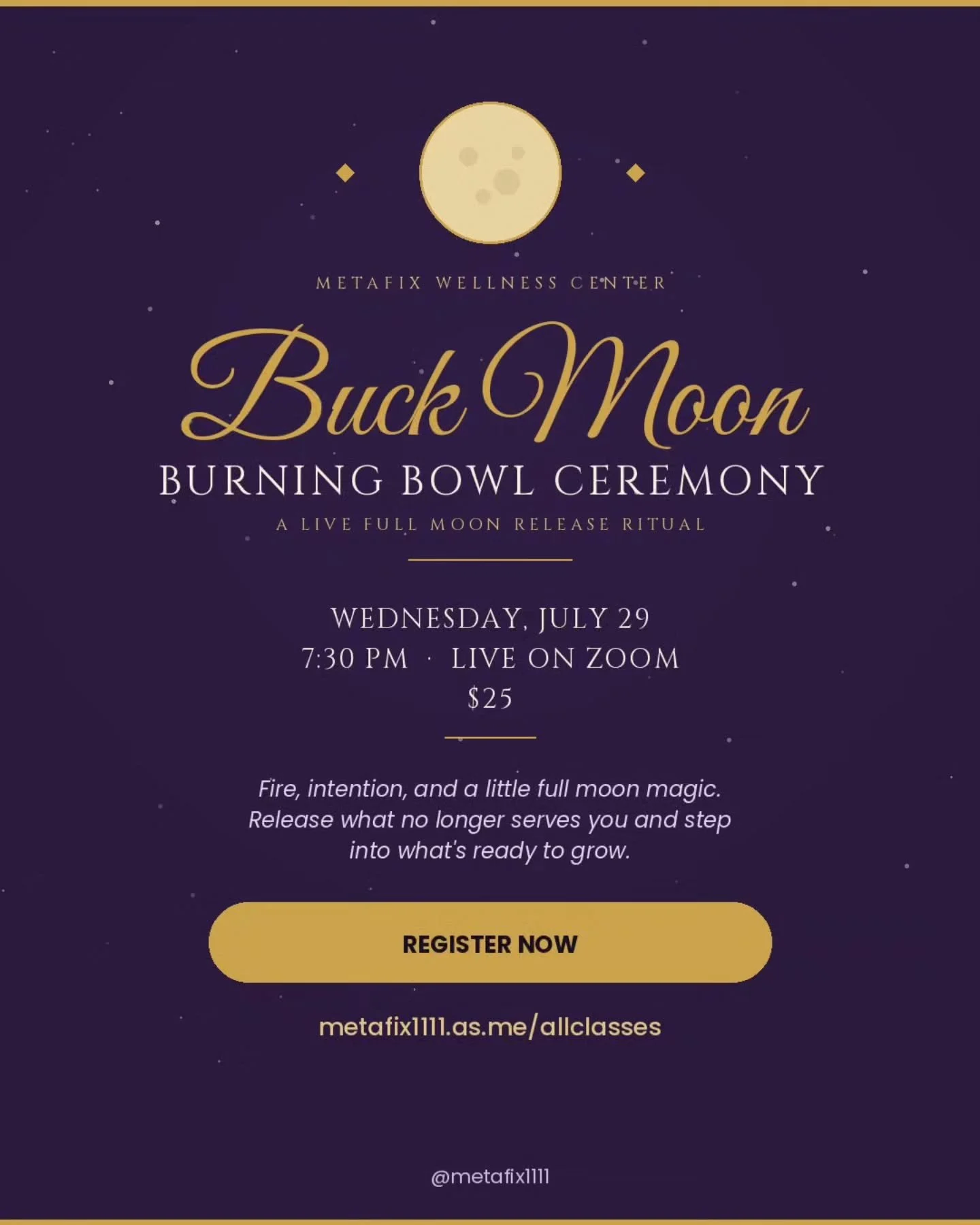 The Buck Moon rises this Wednesday 🦌🌕 &mdash; and she's asking you to release what's ready to go.
Join me live on Zoom for a Full Moon Burning Bowl Ceremony: fire, intention, and a little letting go, together as a group.
📅 Wed, July 29 &middot; 7: