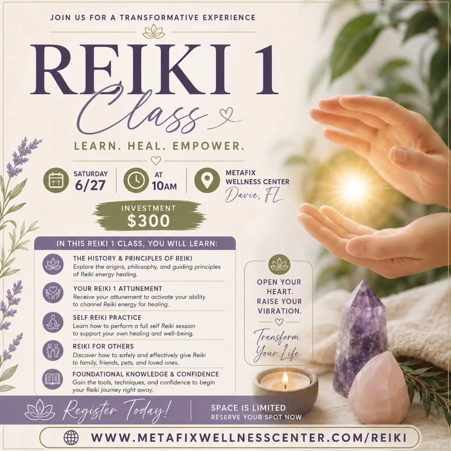 ✨ Last Call &mdash; Reiki Level 1 Certification this Saturday! ✨

Spots are still available for my upcoming Reiki 1 class and I'd love to have you there. 🙌🏽

In this one-day immersion you'll:

🔹 Receive your Reiki 1 attunement
🔹 Learn the history