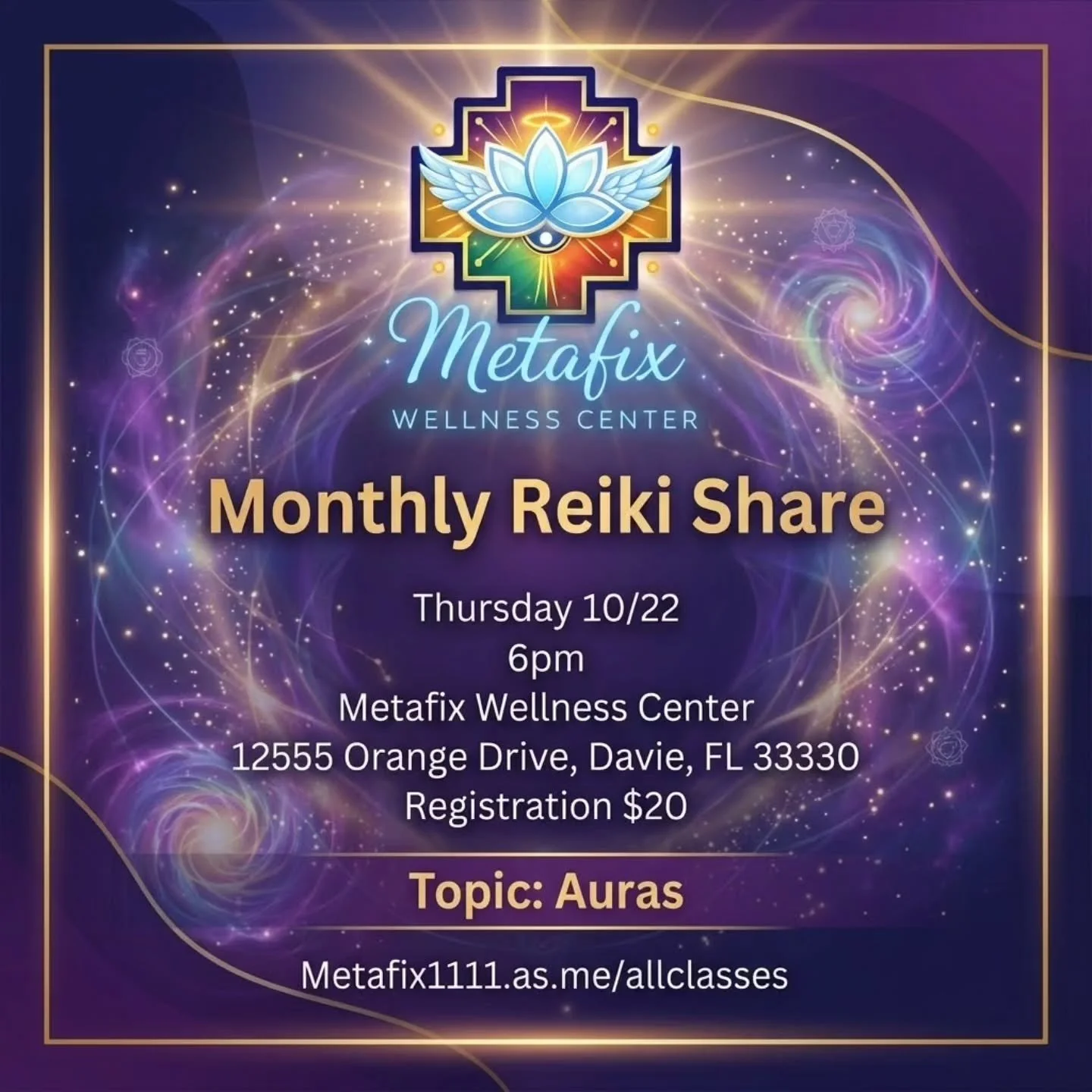 ​✨ Unlock the Wisdom of Your Energy Field ✨

​Join us at Metafix Wellness Center for our Monthly Reiki Share! This month, we are diving deep into the magical world of Auras 🌈✨

​Whether you are a seasoned energy practitioner or just beginning your s