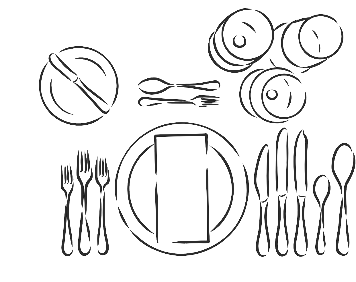 Line drawing of a set dining table with plates, utensils, and cups. There are three forks on the left, three knives and three spoons on the right, a serving spoon and fork above a large plate with a folded napkin, a smaller plate on top of the large plate, and a cup on the left side.