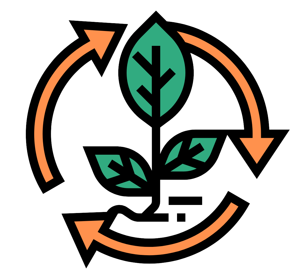 Icon of a growing plant with leaves inside a recycling symbol made of three orange arrows.