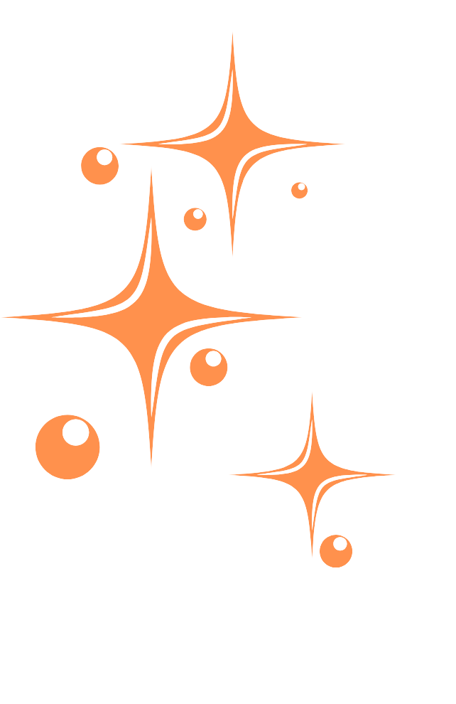 Orange sparkling star shapes and circles on a white background.