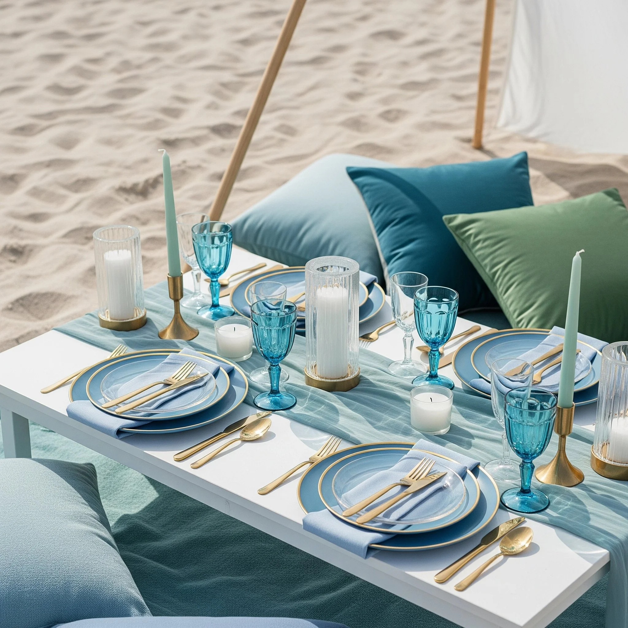 Beachside table set for a meal with blue and green pillows, candles, and elegant tableware with gold accents.