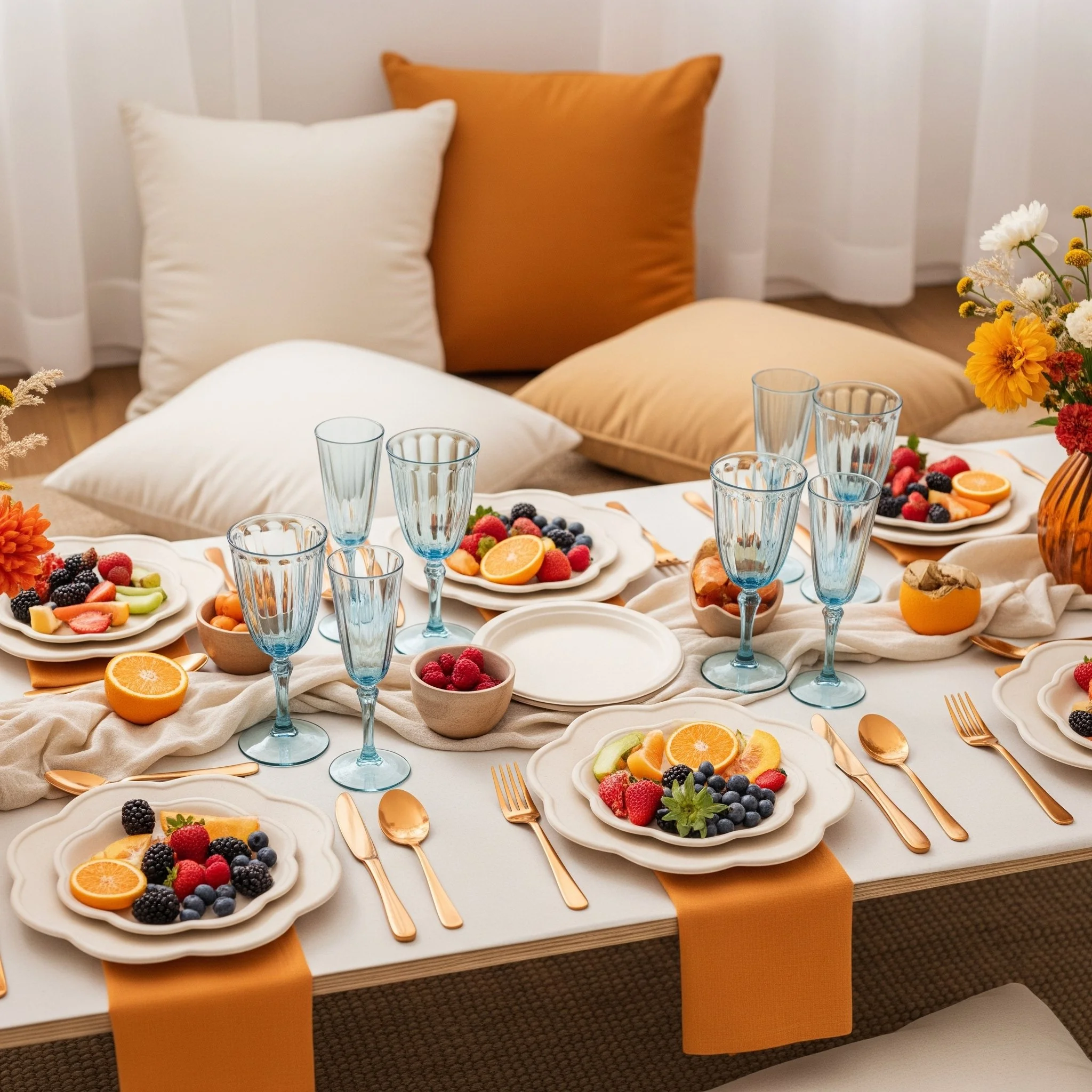 A table set for breakfast with plates of fruit, orange slices, raspberries, blackberries, blueberries, and slices of melon, along with glasses and gold utensils, decorated with pillows and flowers in the background.