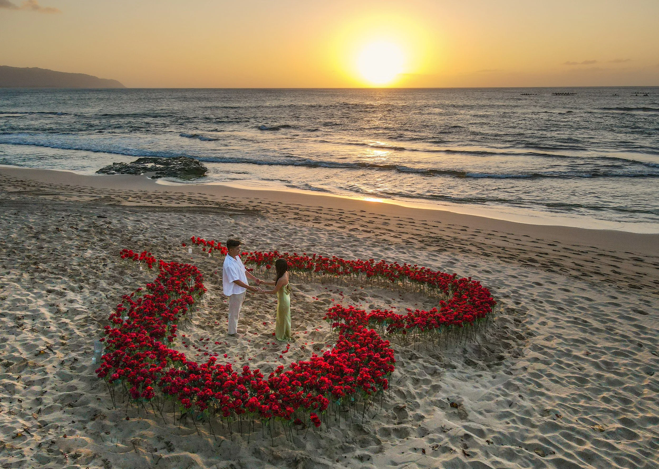 A woman proposes to another woman on the beach, with a heart-shaped arrangement of red roses and candles around them, with the ocean in the background.