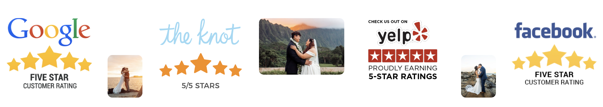 A collage of review graphics for Google, Yelp, and Facebook showing five-star ratings, with couples in wedding photos and the words 'the knot' in cursive.