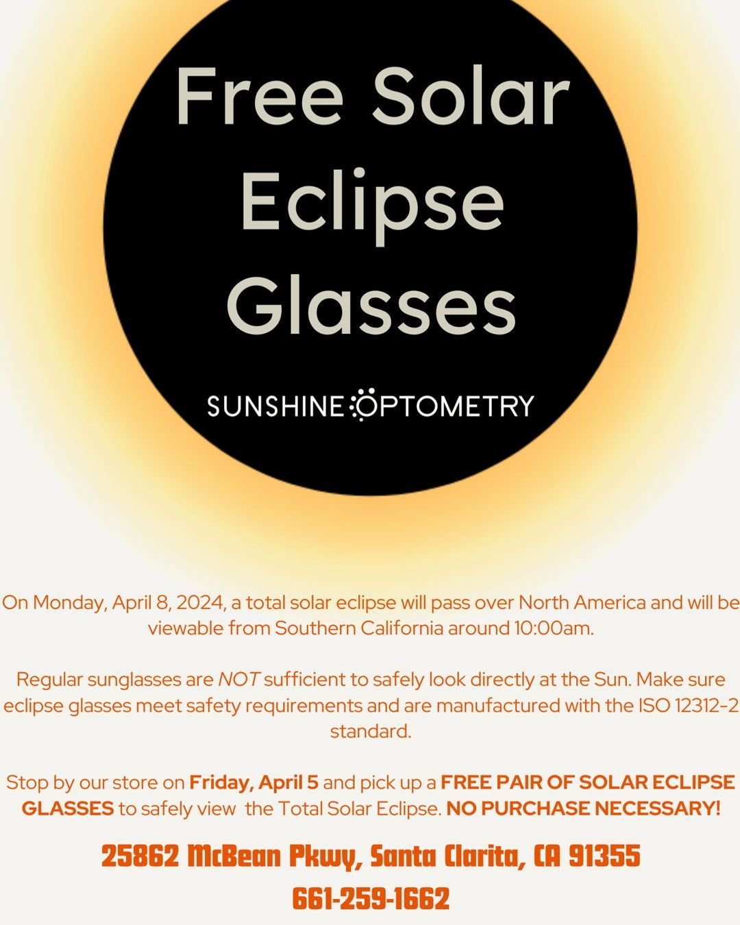 Get ready for the upcoming solar eclipse with these free solar eclipse glasses! 🌒☀️ #SunshineOptometry #EyeSafety #SolarEclipse #EclipseGlasses #Astronomy #Stargazing #Freebies #SCV #SantaClarita