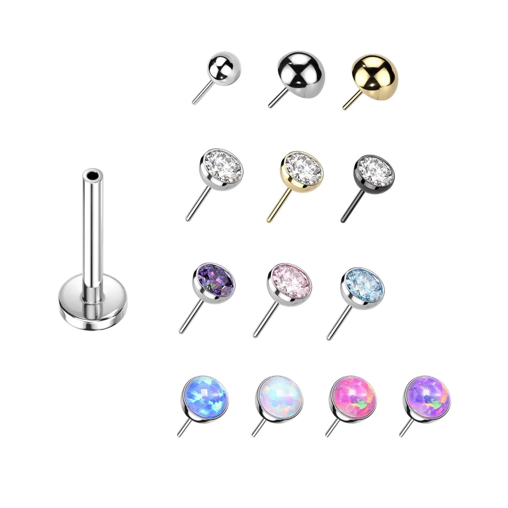Collection of 12 different colored stud earrings in various designs, including silver, gold, and black finishes, with some featuring gemstone or diamond-like accents, displayed on a white background.
