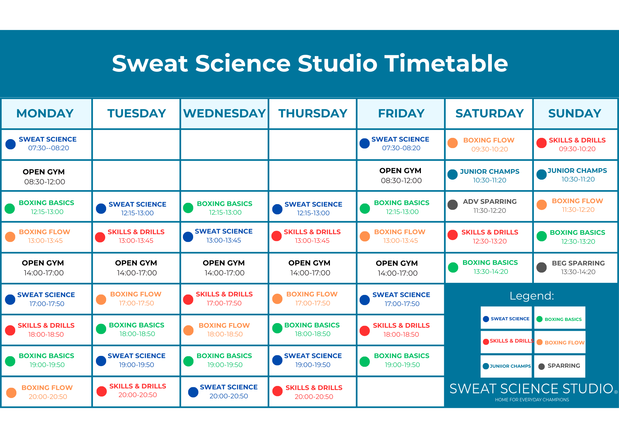 Sweat Science Studio timetable showing boxing classes in Singapore CBD including Junior Champs kids boxing classes on weekends