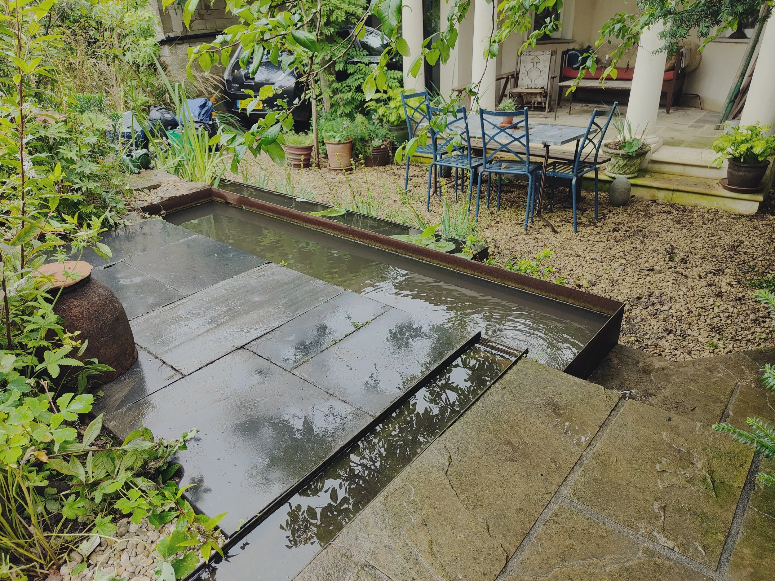 Corten steel rill and pond in Stroud