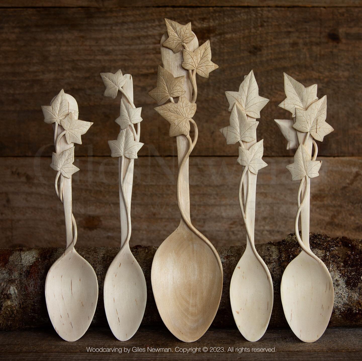 My first attempt at creating anything like a cohesive spoon series in the 8 years since I first started carving&hellip; though, ironically, each one is different!
.
Four Ivy eating spoons and a serving spoon, all carved from Silver Birch wood. 
.
Wha