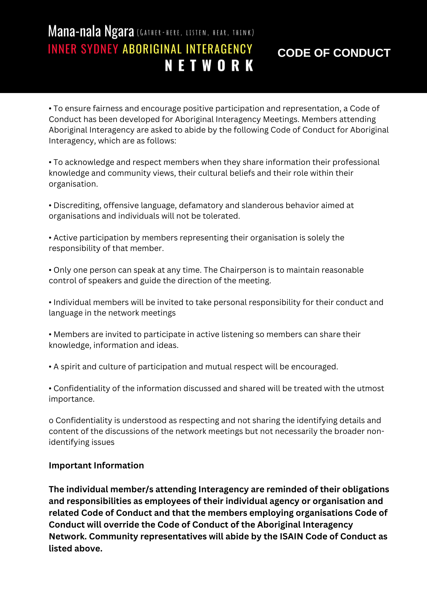 Click Here to Print - ISAIN Code of Conduct