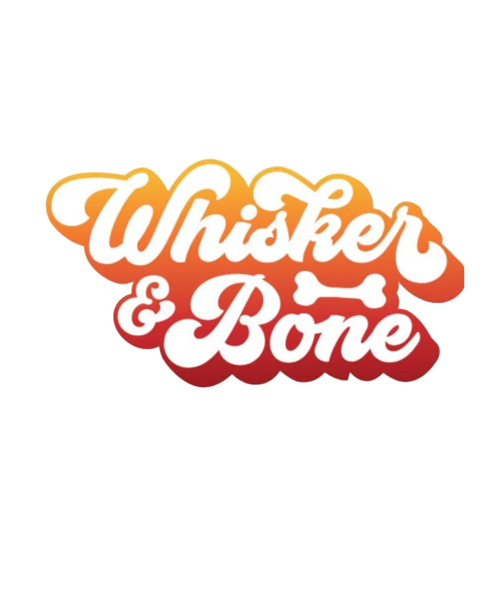"Whisker & Bone" logo with stylized text and bone icon.