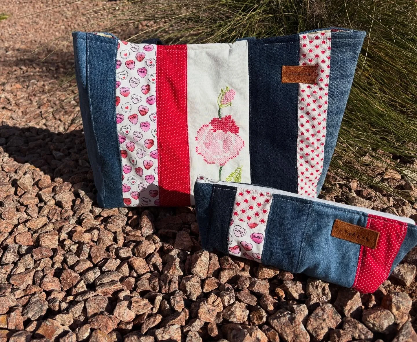 Buy your sweetheart or friend a forever rose tote bag for Valentine&rsquo;s Day! More tote bags listed on Etsy in my Bio. #valentines #handmadetotebag #upcycleddenim #vintageembroidery