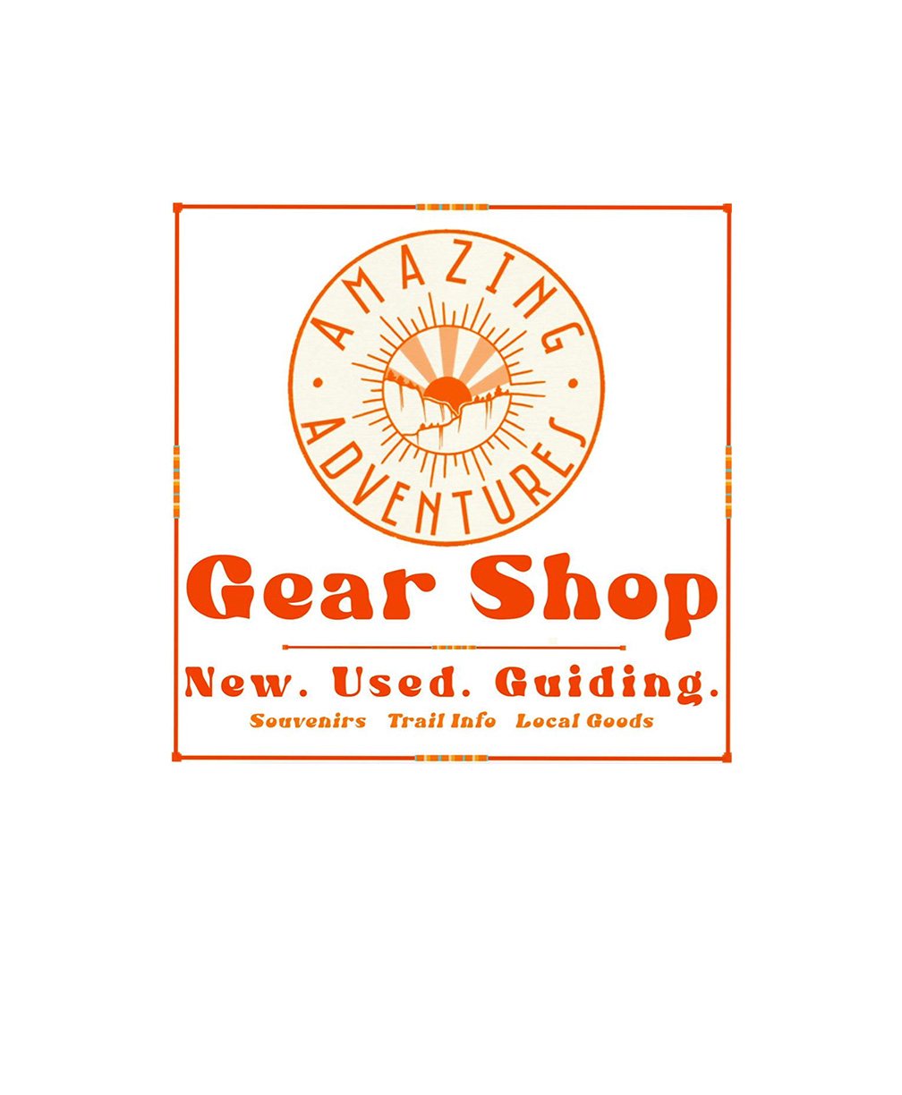"Amazing Adventures Gear Shop logo, featuring a stylized sun and mountain design, offers new, used, and guiding services, souvenirs, trail info, and local goods."