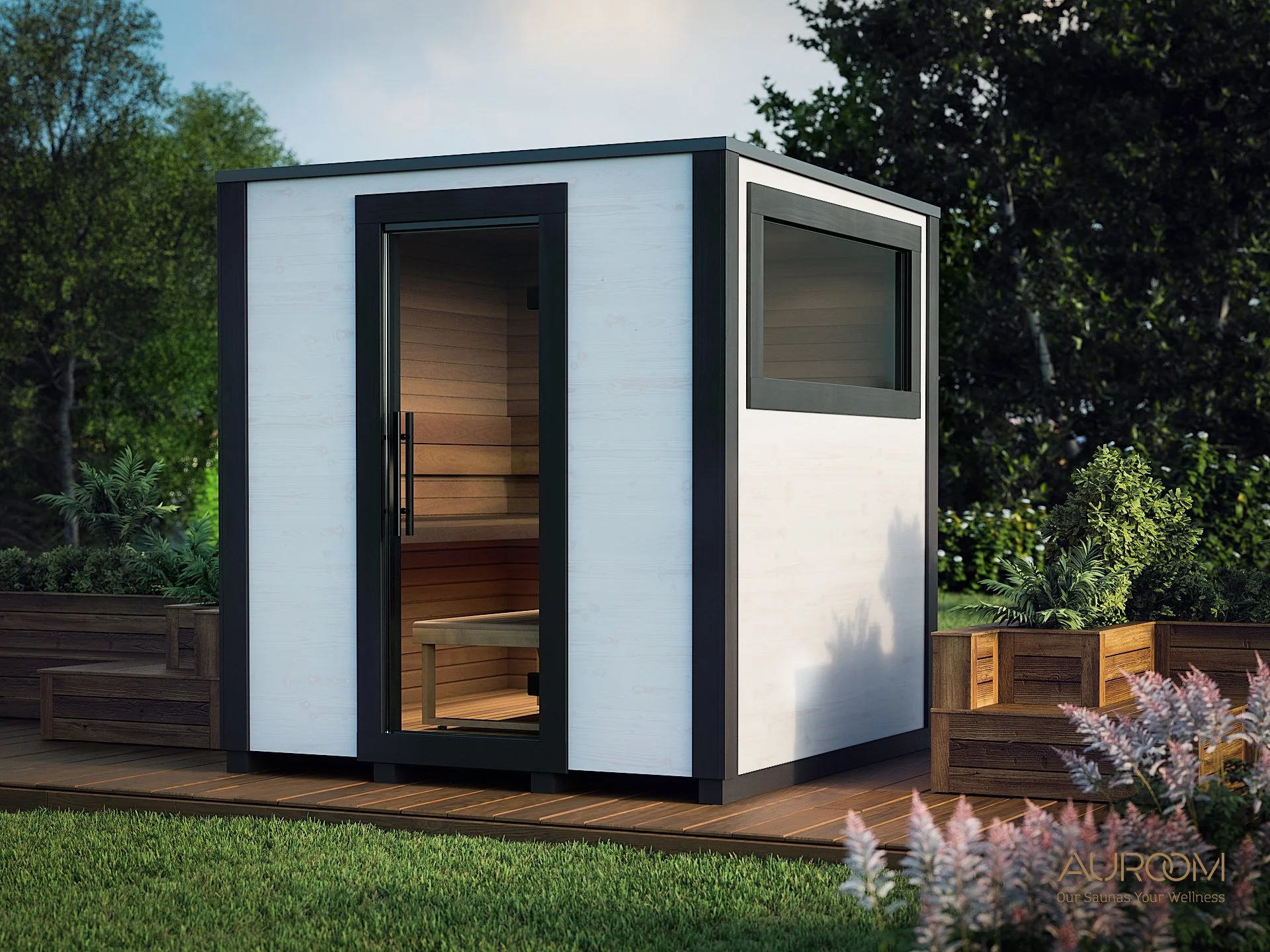 Sauna mit tollen Ausstattungsmöglichkeiten, kleine Sauna, Gartensauna, Uroom Garde, bei uns erhältlich, Rheingau, Wiesbaden, Frankfurt, Mainz