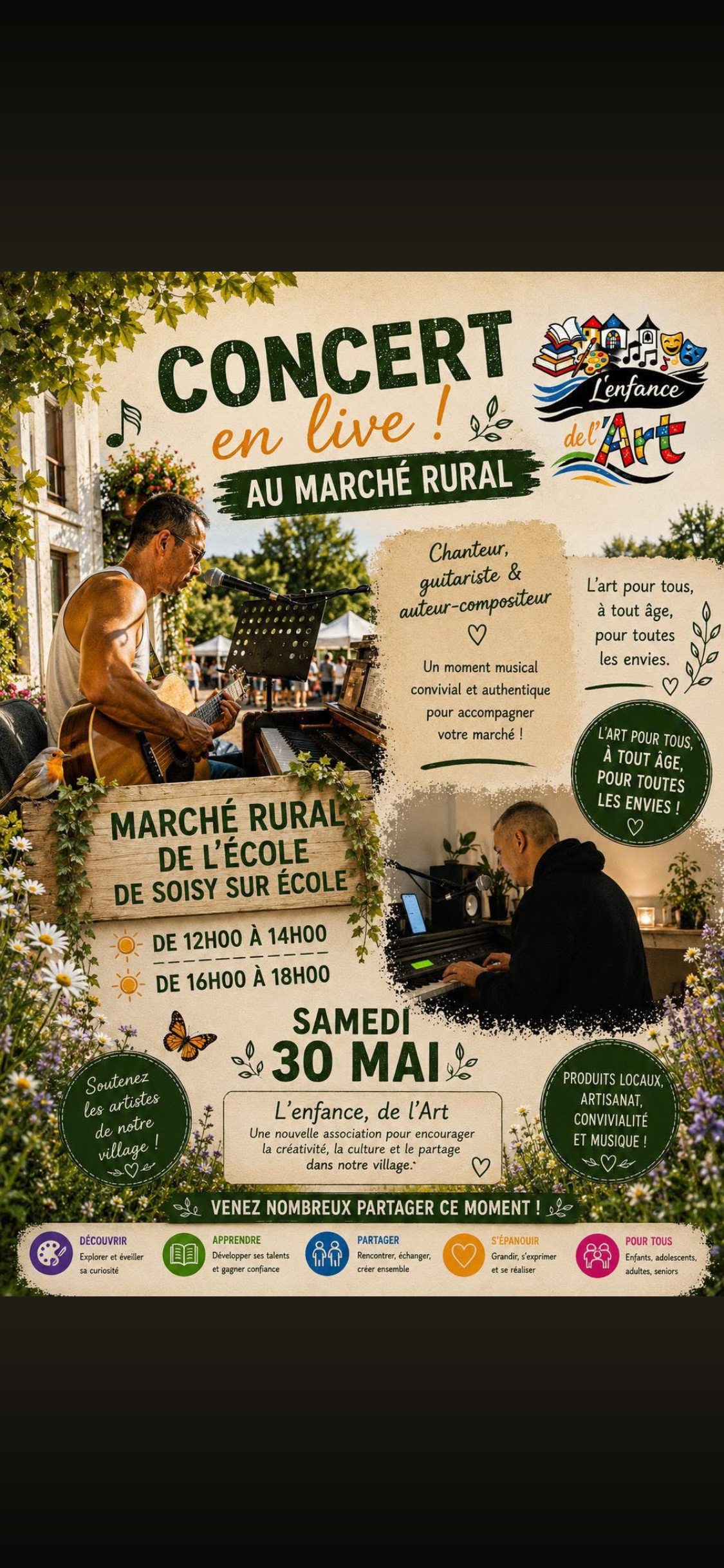 Affiche verte pour un marché rassemblant des producteurs locaux, avec des images de travaux artisanaux, produits alimentaires et légumes, annonçant un événement le samedi 3 mai 2025 de 10h à 18h à Soisy sur École.