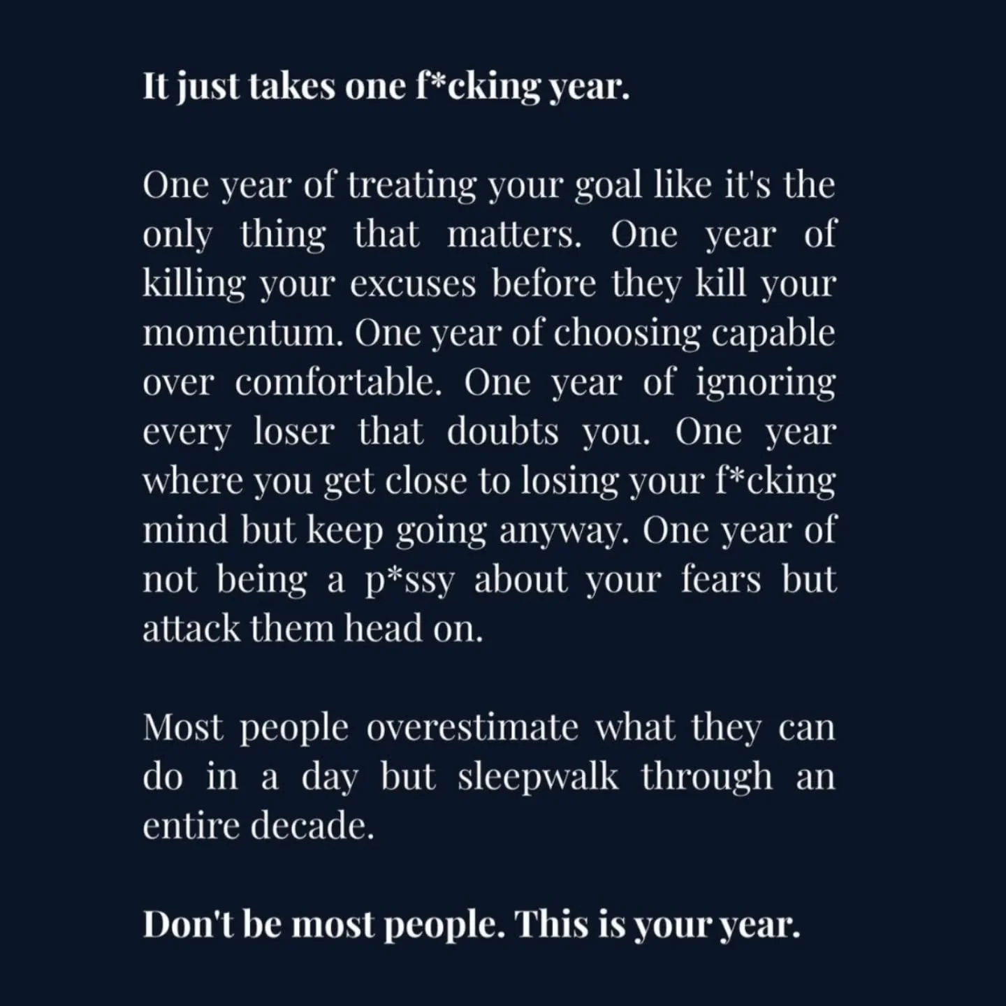 Give it one year.

One year of showing up. 
One year of staying focused. 
One year of doing the work.

Then see what happens. 💛💚

#oneyear #goaldiggers #showupforyourself #thisisyouryear #fearlessmotivation
