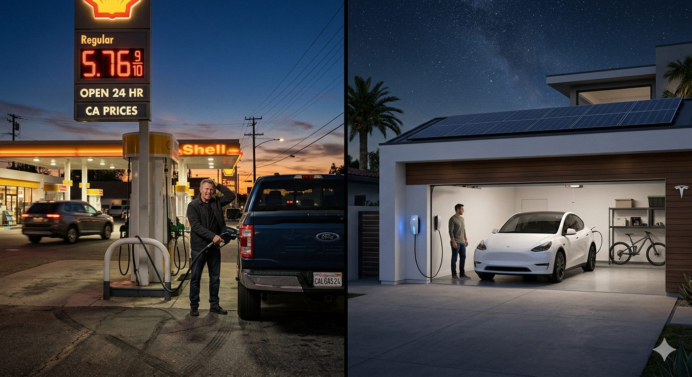 Split image showing a California gas station with $5.76 per gallon price sign versus a solar-powered home with an EV charging in the garage at night
