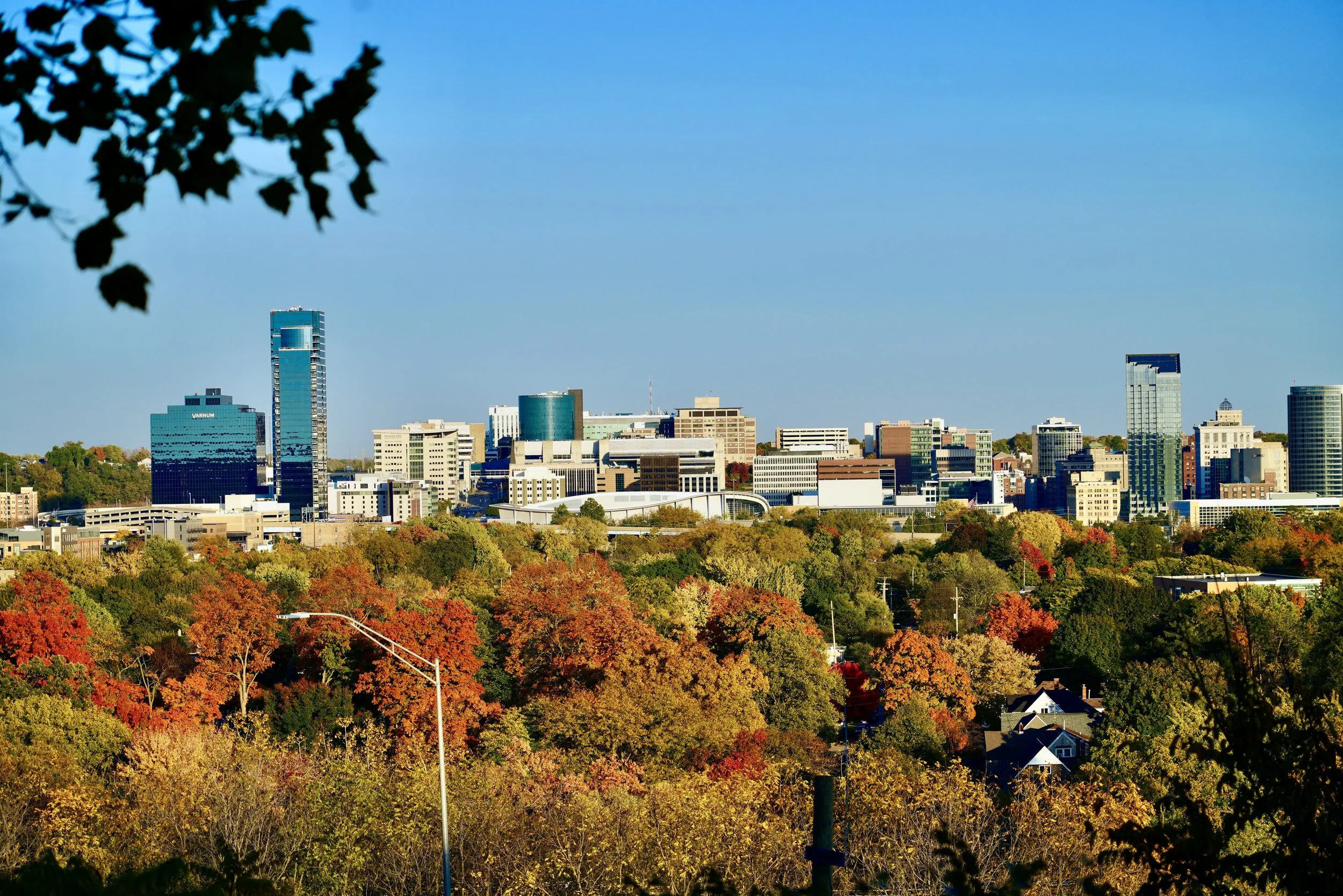 Skyline of a city with modern buildings and a foreground of autumn-colored trees under a clear blue sky.