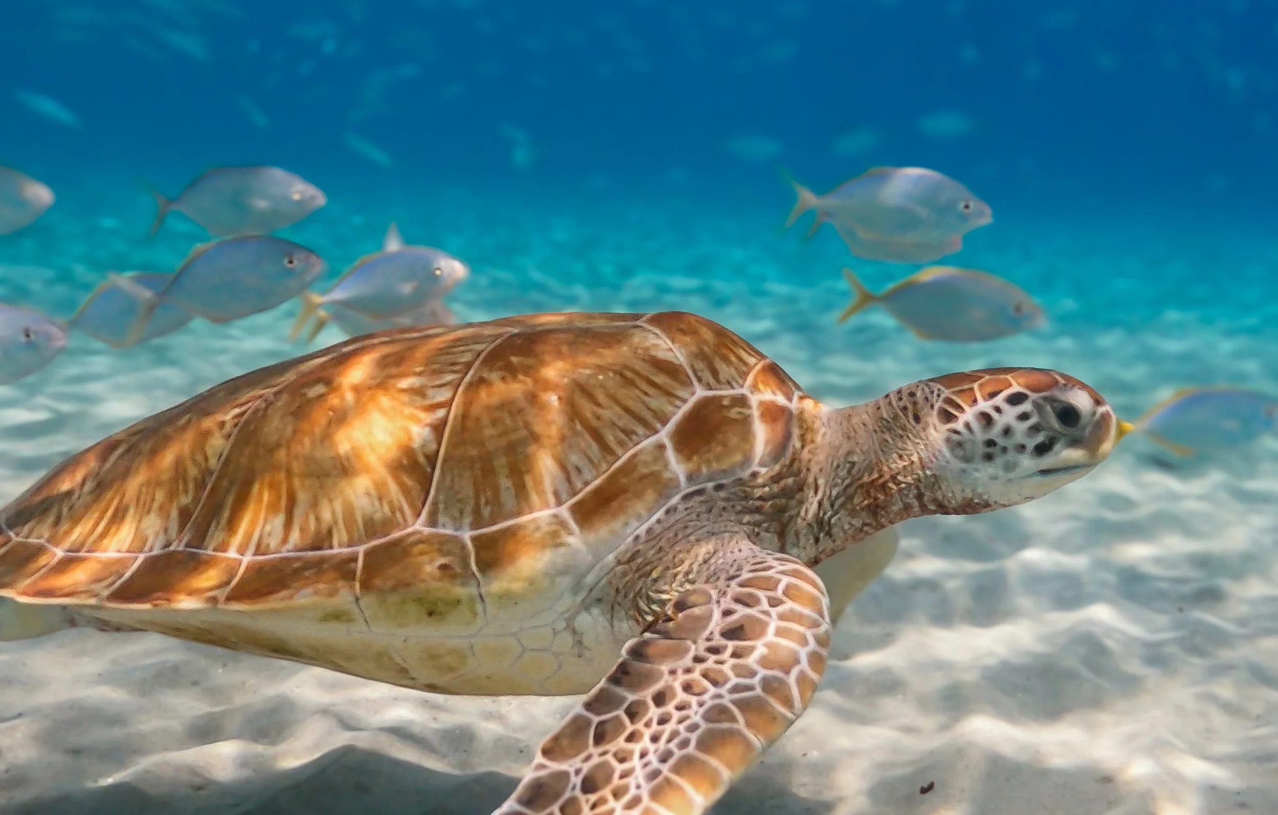 Underwater scene with a sea turtle swimming near the ocean floor, accompanied by small fish in the background.