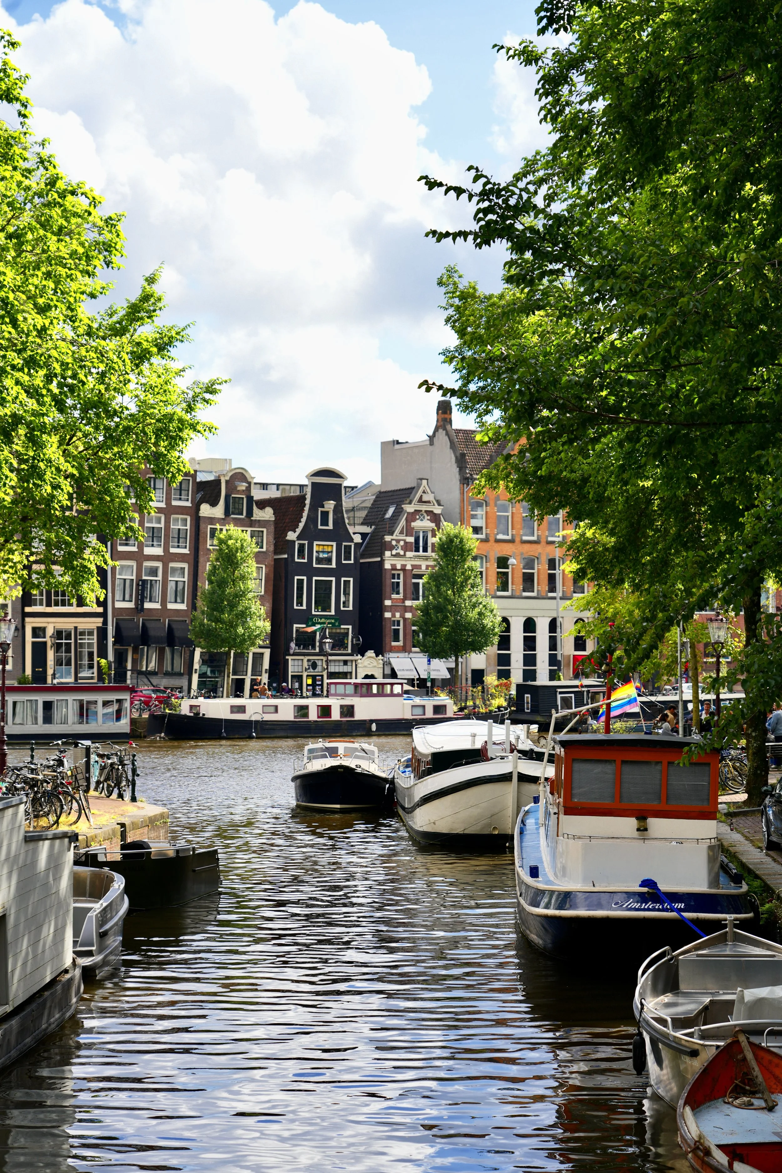 Boats docked on a canal in Amsterdam, surrounded by traditional Dutch architecture and lush green trees under a cloudy sky.