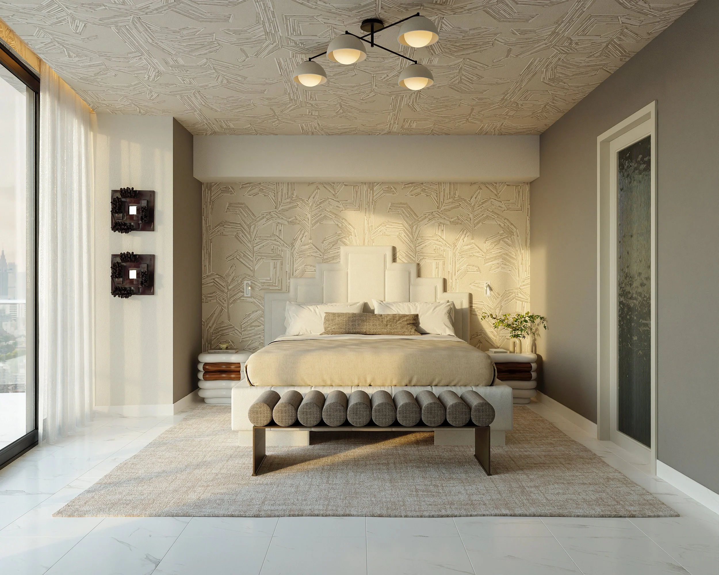 Modern bedroom with a beige bed, patterned wallpaper, round ottoman, and lighting fixture on the ceiling.