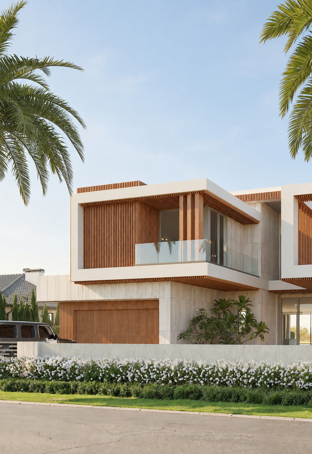Modern house with wooden accents, large glass windows, and tropical landscaping, including palm trees and flowering bushes, under a clear blue sky.