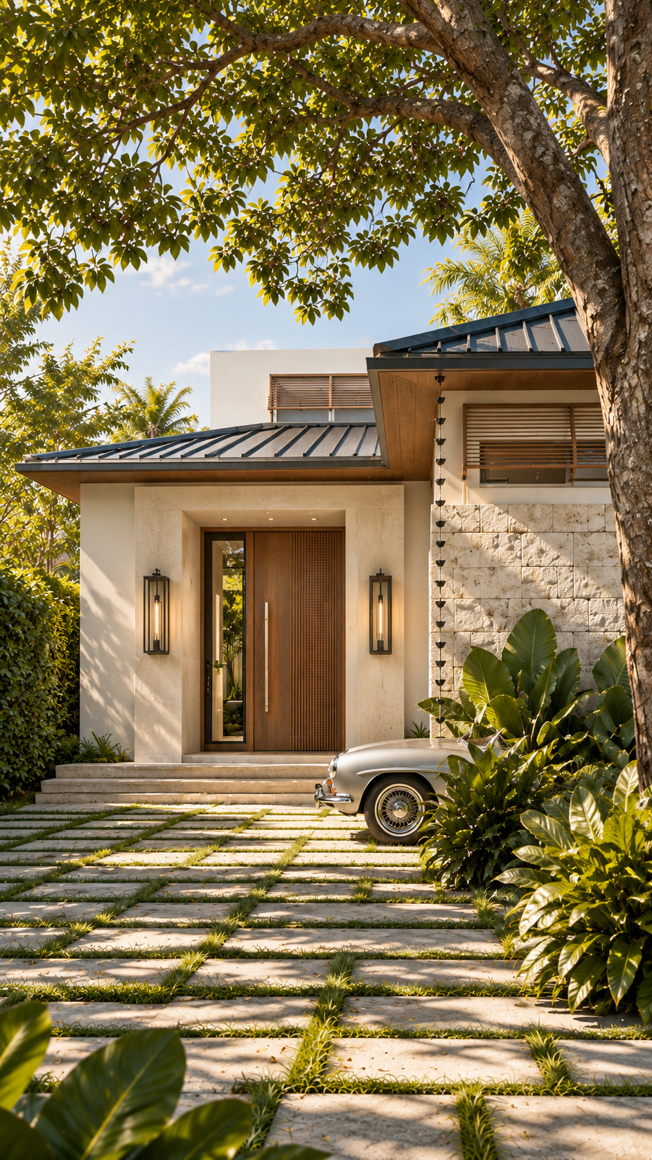 Modern house with wooden door, tropical plants, vintage car, large tree, and stone pathway.