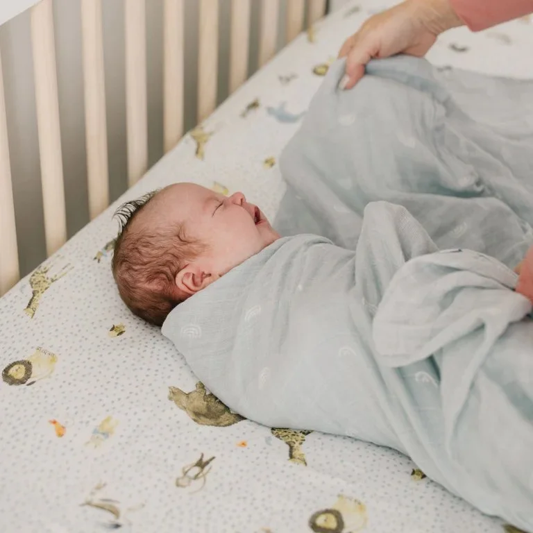 postpartum doula swaddling newborn baby in crib in south Tampa nursery