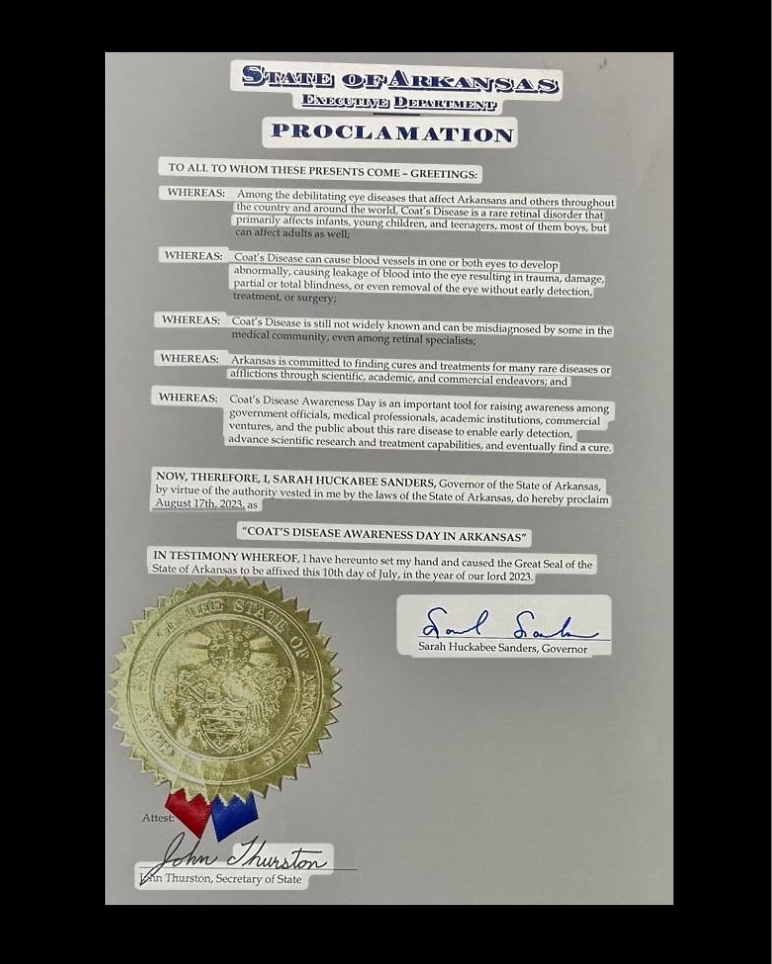 Way to go, Arkansas! Congratulations on becoming the 10th state to declare August 17 as Coats' Disease Awareness Day!

#CoatsDiseaseAwareness #stateproclamations