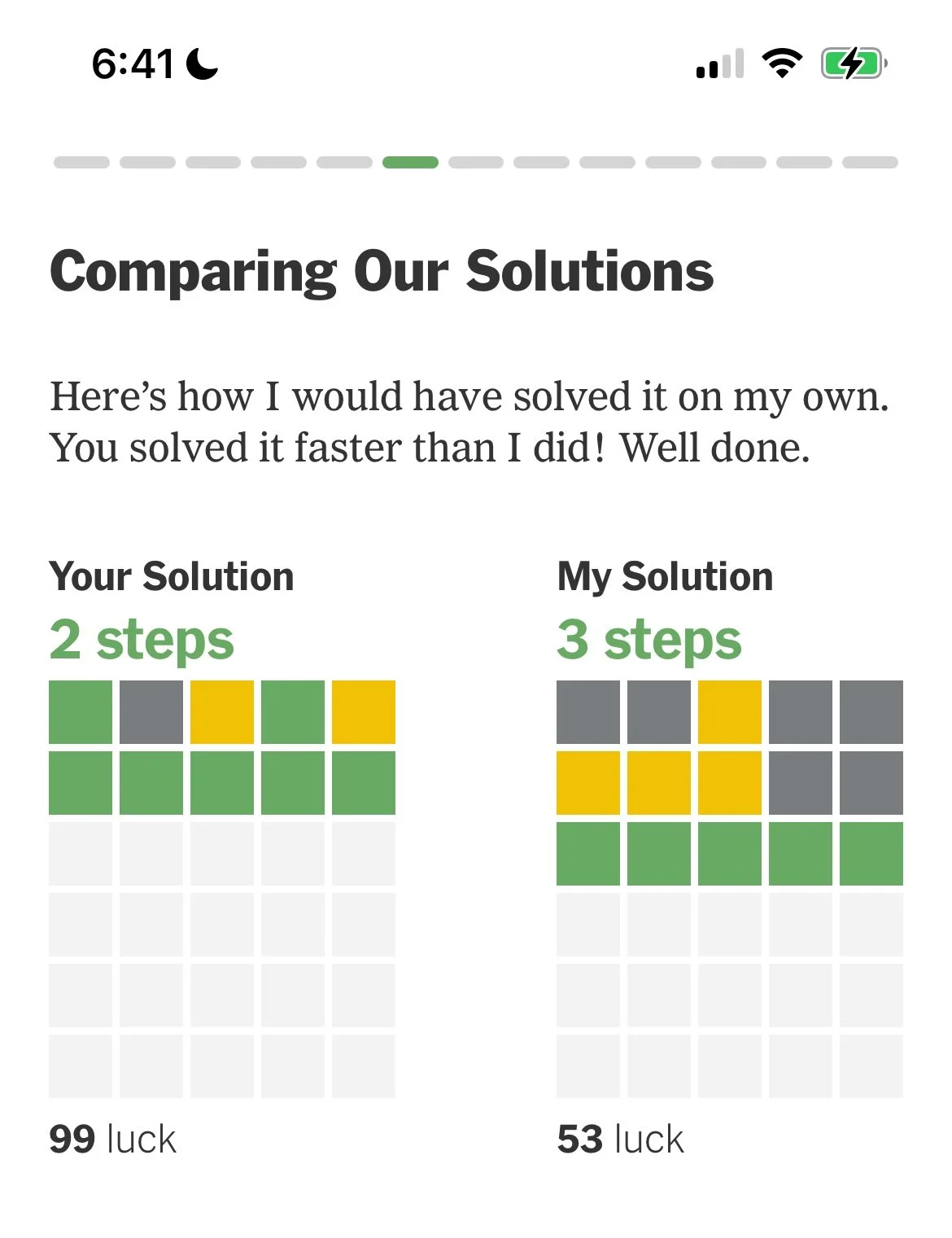 Comparison of Wordle solutions: User solved in 2 steps, while the other in 3 steps, showing luck scores.