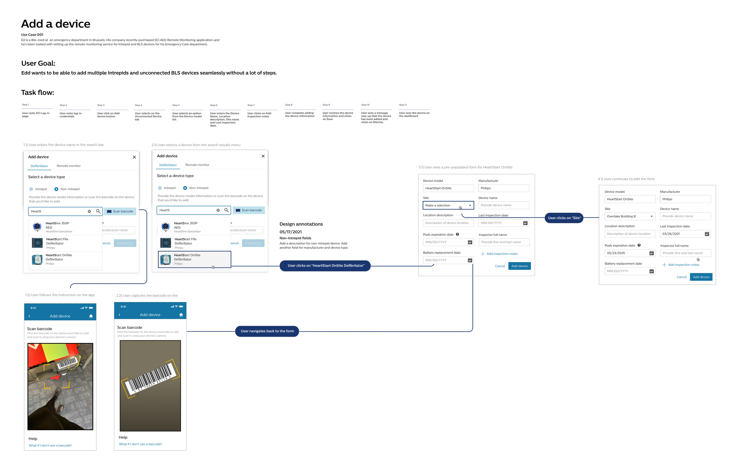 Second design iteration streamlines the process of adding multiple devices by allowing users to scan the barcode on the back of the AEDs using a mobile application.