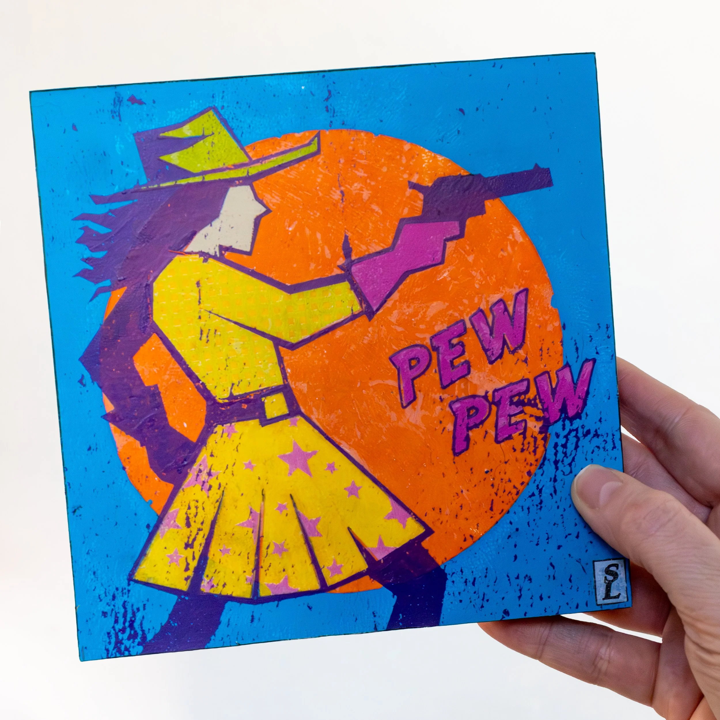 Pew Pew, Mixed Media on Board