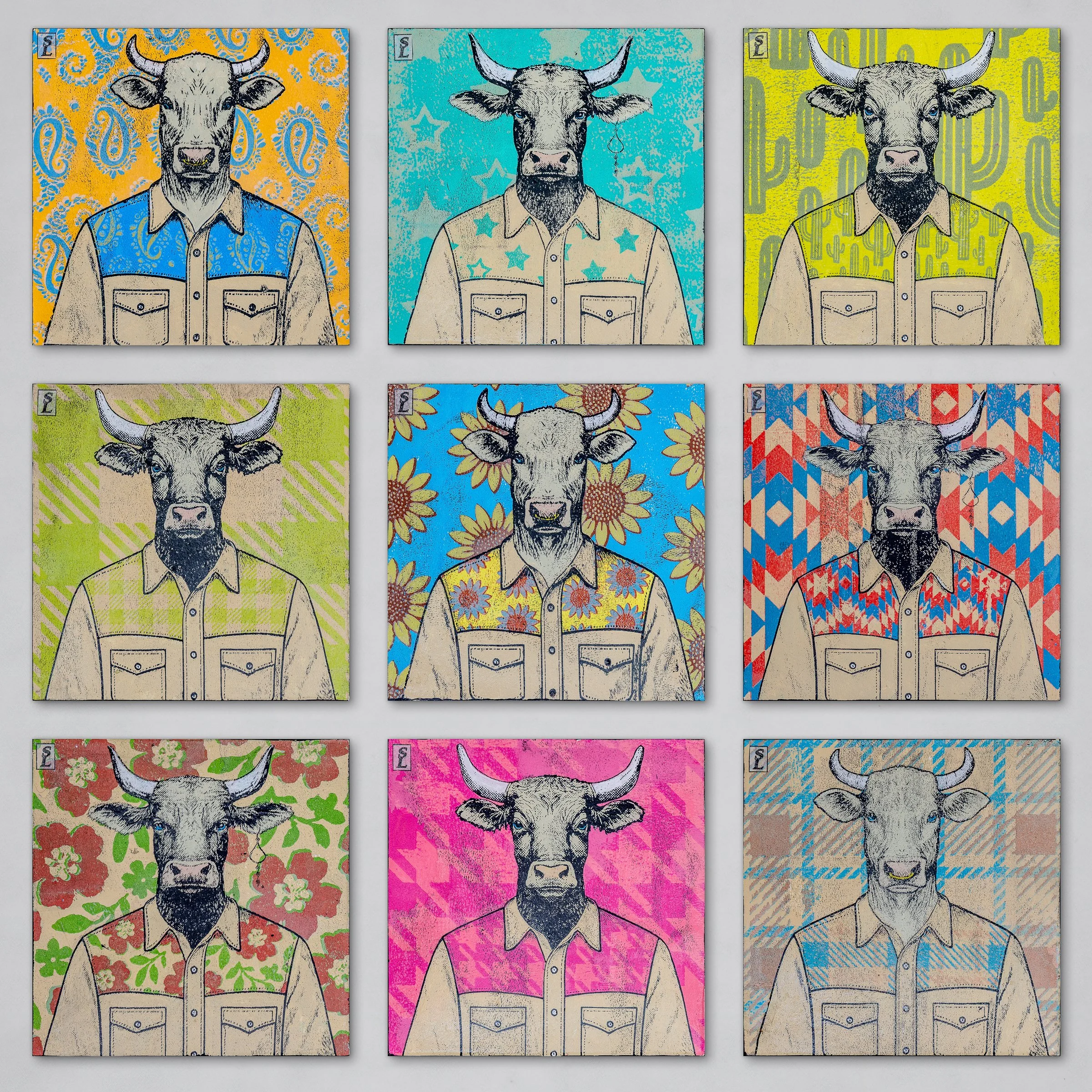 "Outfitted". A series of 9 mounted monoprints.