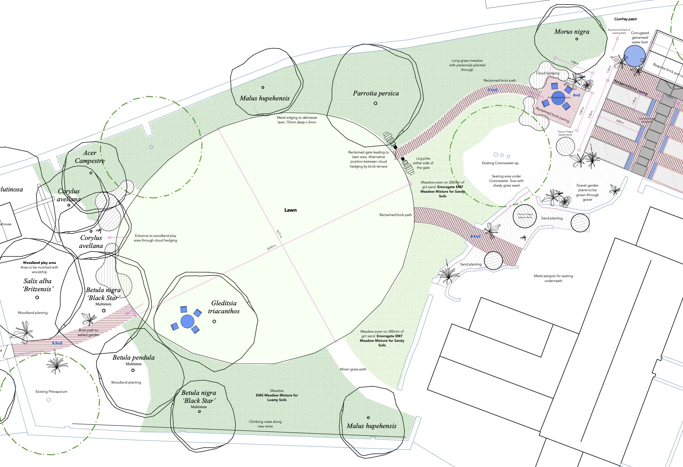 Landscape plan including various plant species, pathways, and features in a garden or park setting, with labels for different plants and elements.