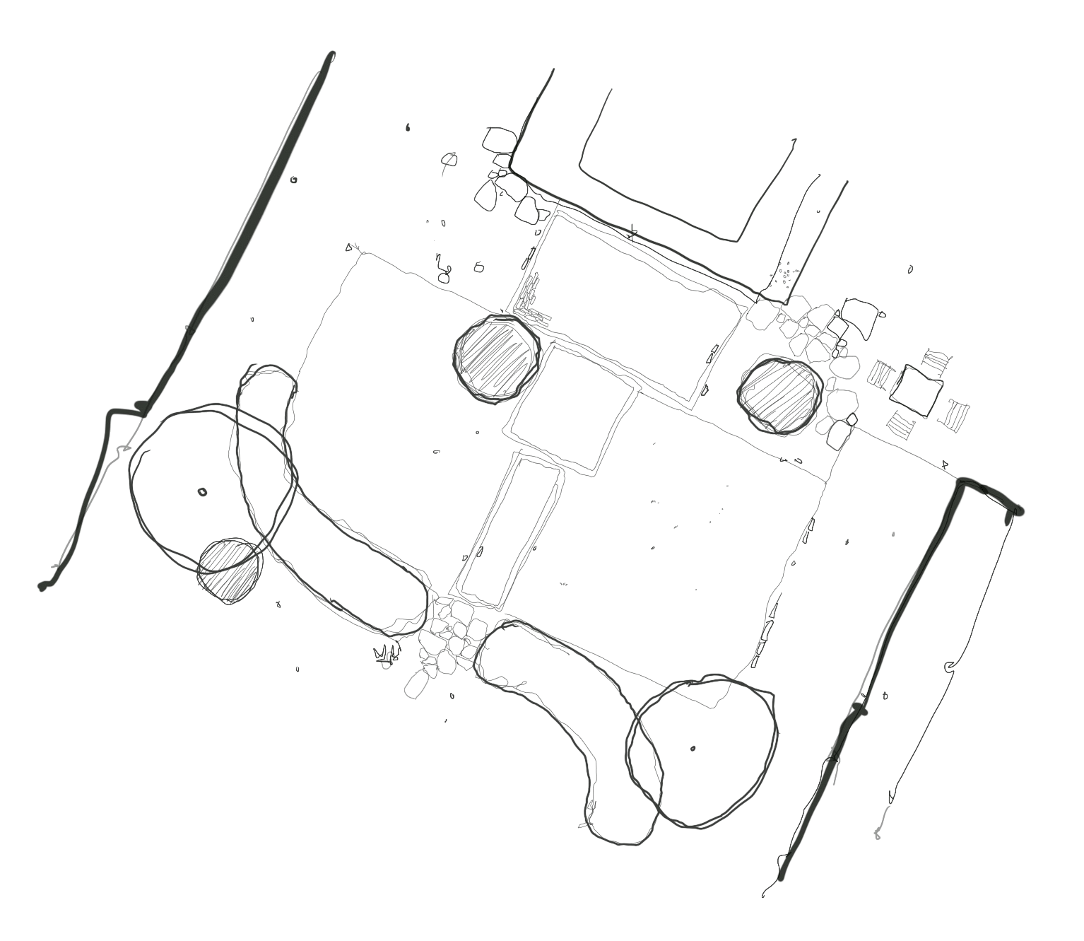 Garden design sketch for front garden concept for new arts and crafts inspired house near Bradford on Avon. Includes yew hedging, random stone and brick paths