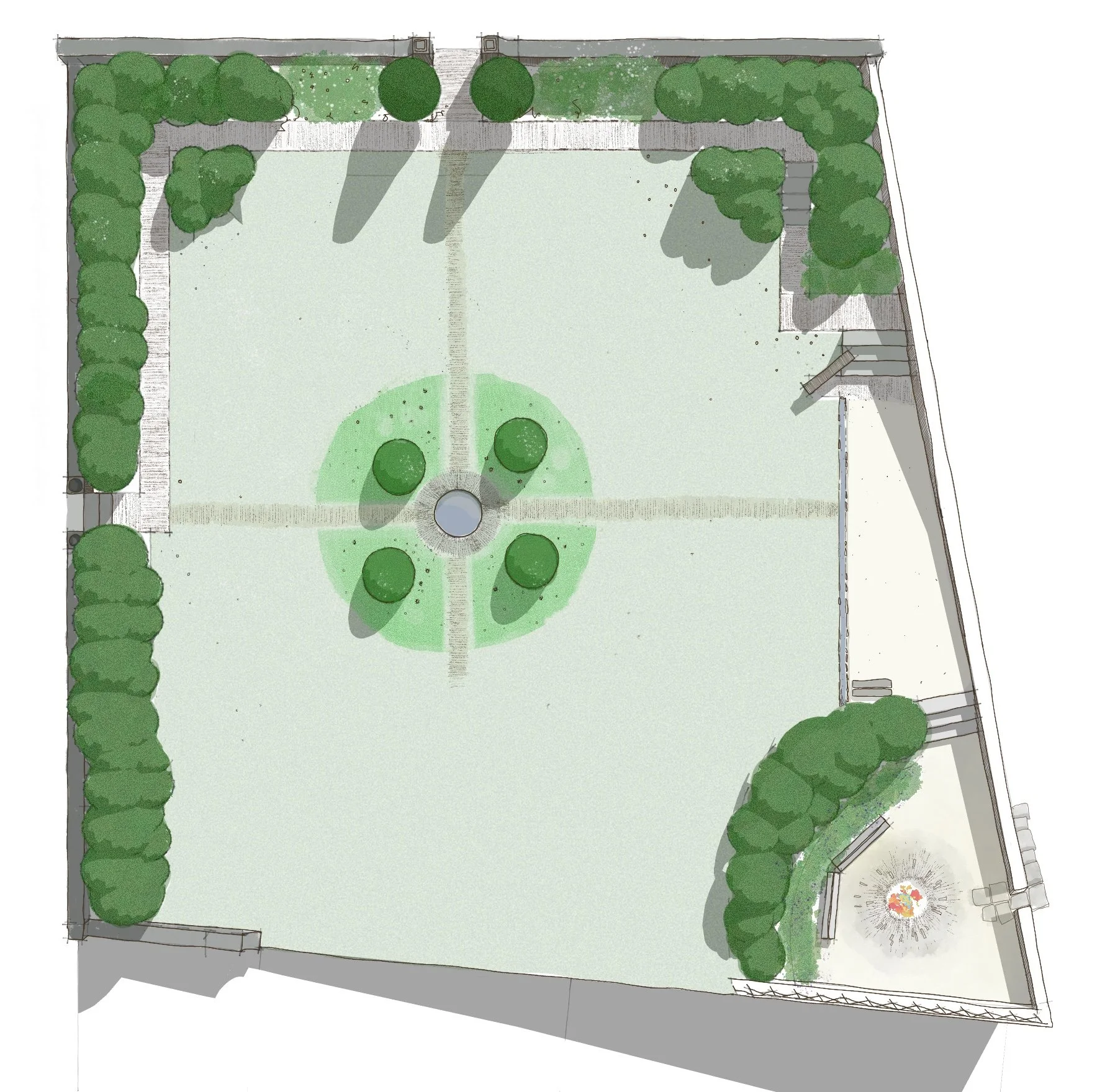 Top-down illustration of a small outdoor garden with pathways, greenery, trees, a circular fountain, and benches.
